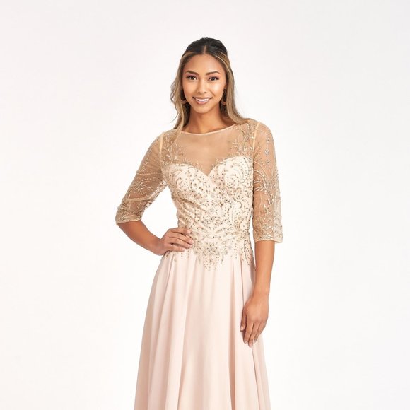 NEW LONG CHIFFON EMBROIDERED RHINESTONES DRESS WITH ZIPPER...